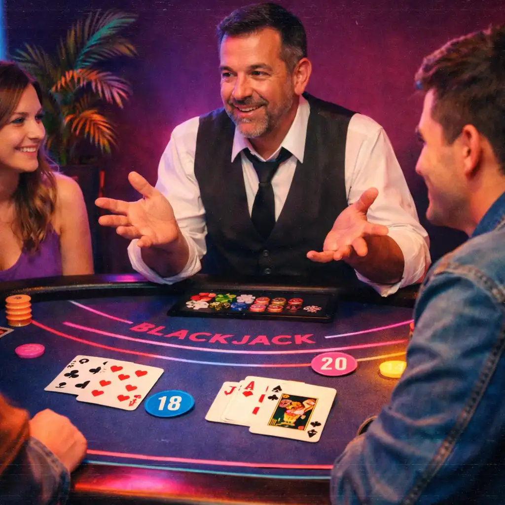 Házigazda blackjack-asztalnál magyaráz egy közösségi estén