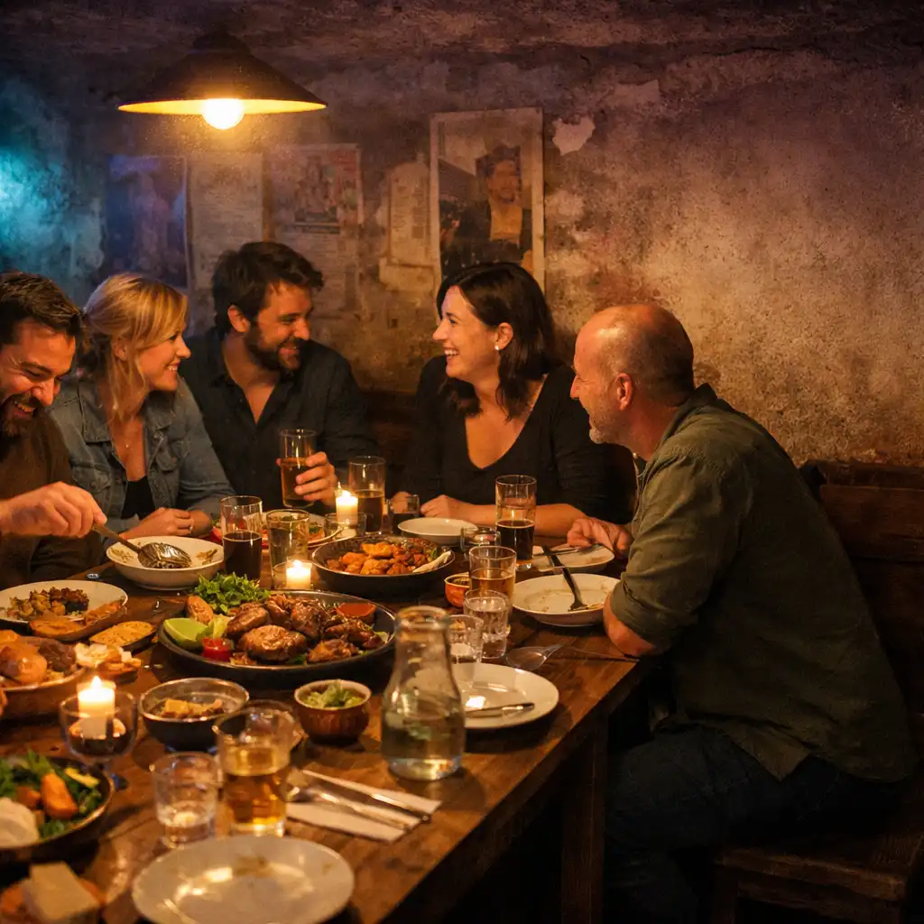 Felnőtt vendégek közös étkezés közben beszélgetnek.